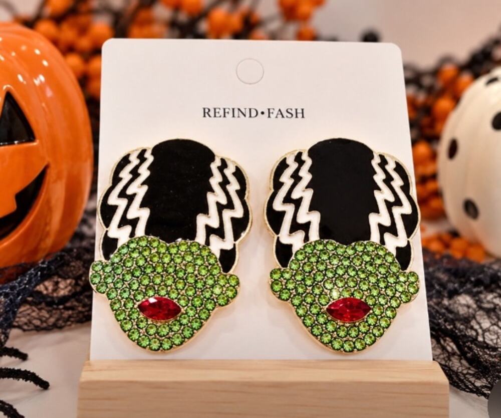 Bride Of Frankenstein Rhinestone Enamel Earrings New